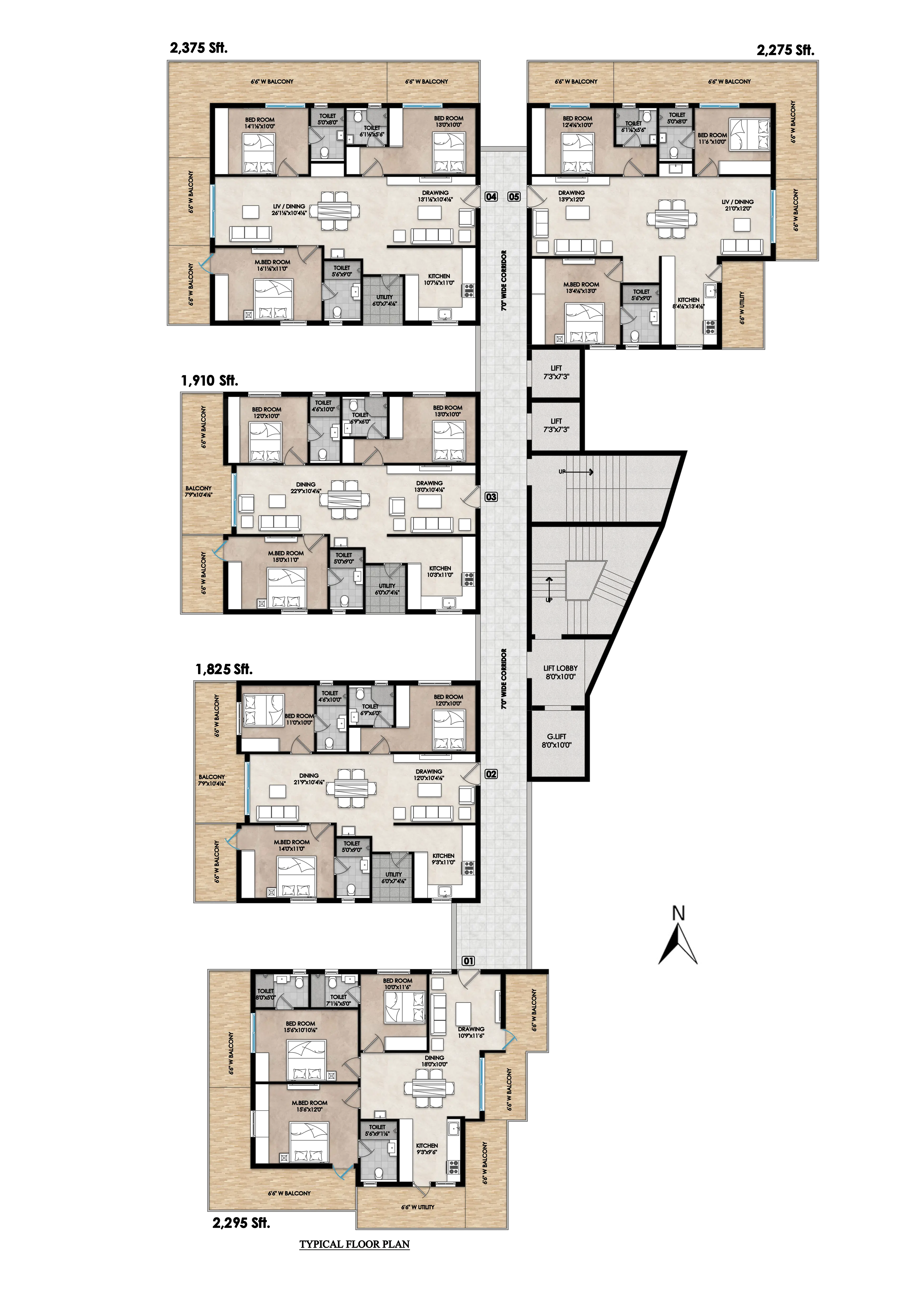 Second to tenth floor plan showing five apartments
