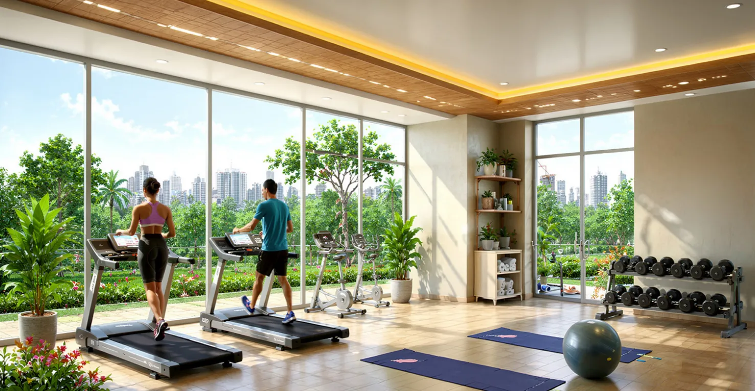 Gym with treadmills, exercise equipment and garden views