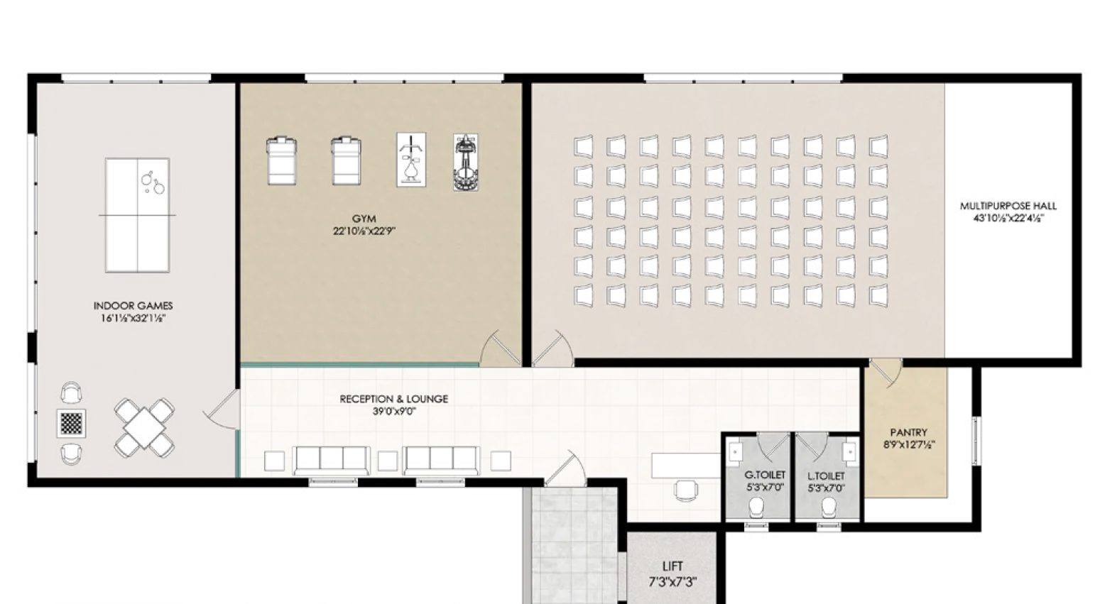 Amenities floor plan with gym, indoor games, lounge, pantry and toilets