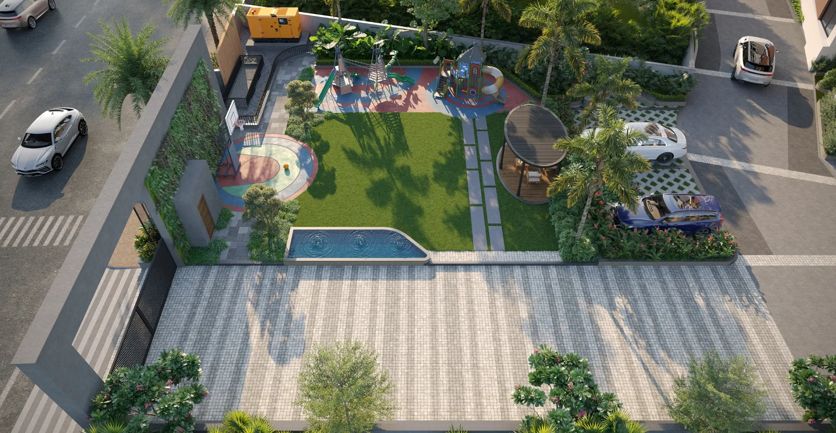 Landscaped children's play area and outdoor amenities