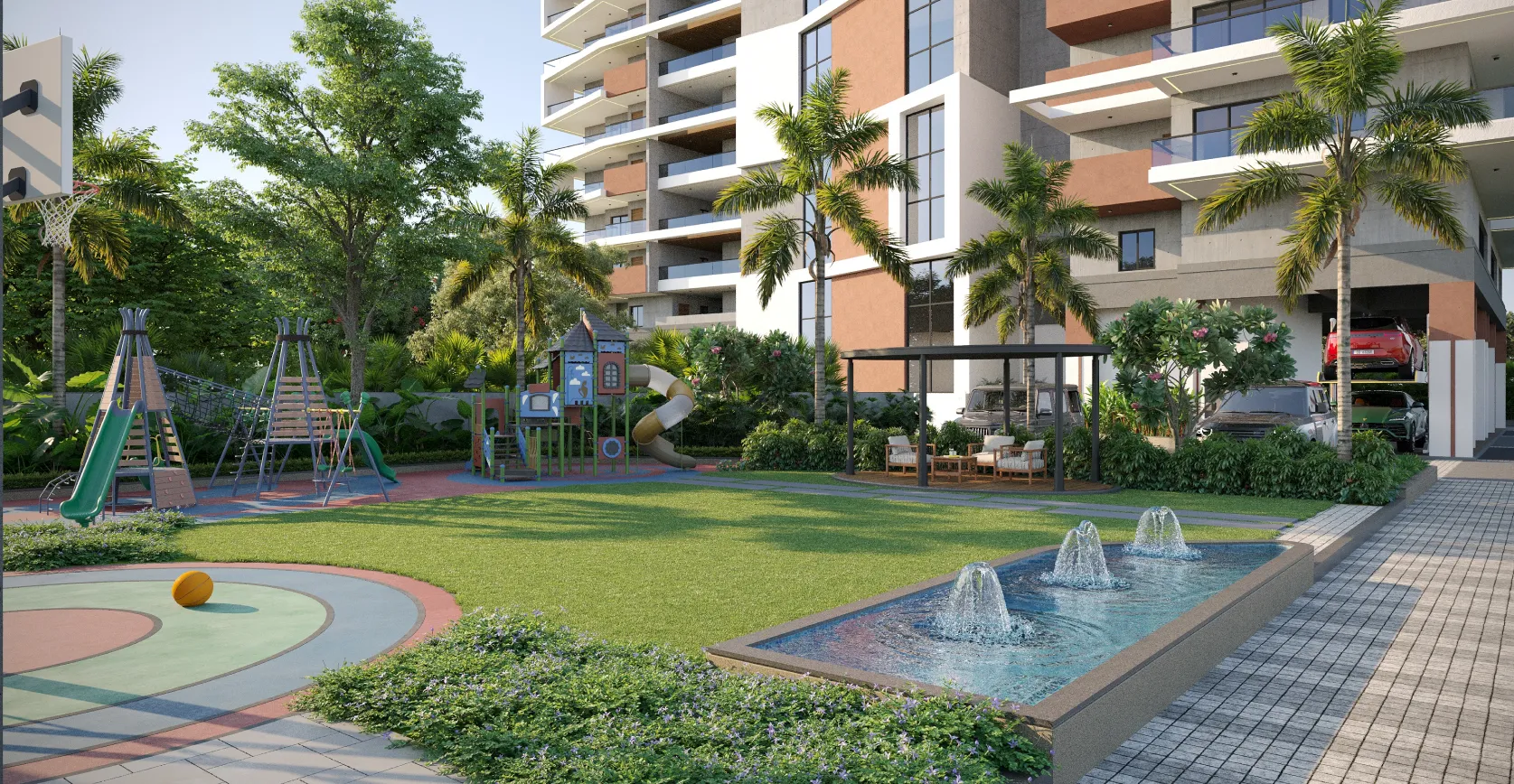 Outdoor amenities lawn, play area, and water feature